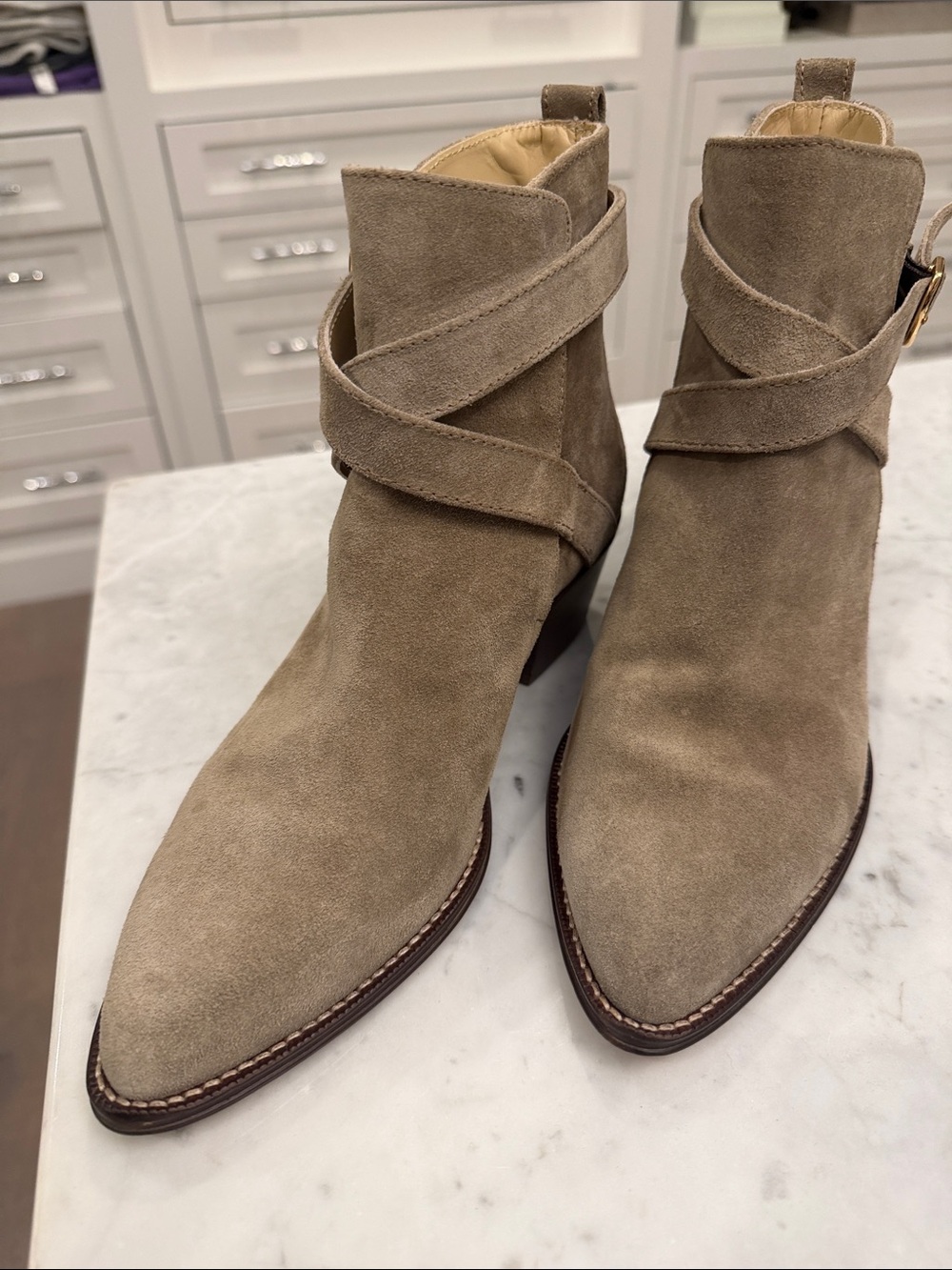 Banana Republic Taupe Suede Wrap-Strap Ankle Western Bootie